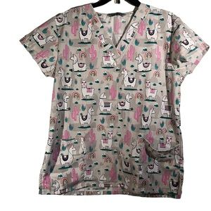 Wear For Care L medical scrub top cotton Llama pink  rainbow cactus pockets